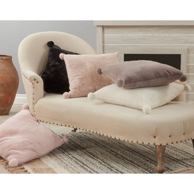 Ivory Faux Rabbit Fur Square Throw Pillow with Pom Poms