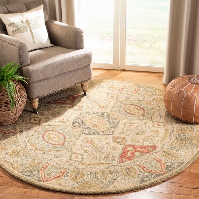 Handmade Round Beige and Red Wool Tufted Area Rug
