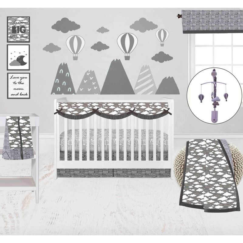 Bacati - Clouds in the City White/Gray 10 pc Crib Bedding Set with Long Rail Guard Cover, 1 of 12