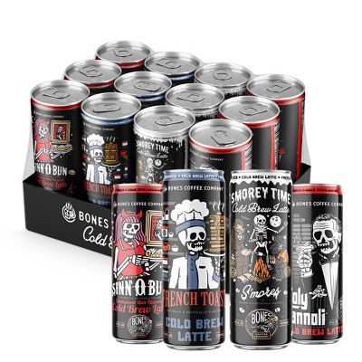 Bones Coffee Company Variety Pack Flavored Latte S'morey Time, Sinn 'O' Bun, Holy Cannoli, and French Toast, 11 Fl Oz Canned Coffee Drinks (12 Pack)