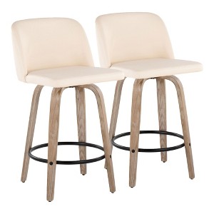 Contemporary 360¡ã Swivel Counter Stools with Padded Faux Leather Seat, Bent Wood Legs, and Round Metal Footrest (Set of 2) for Kitchen - 1 of 4