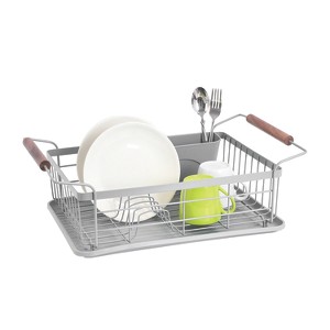 Trio Home 3-Piece Kitchen Counter Dish Drying Rack, wood handle, Removable Utensil Holder and Drainboard, Stainless steel - 1 of 3