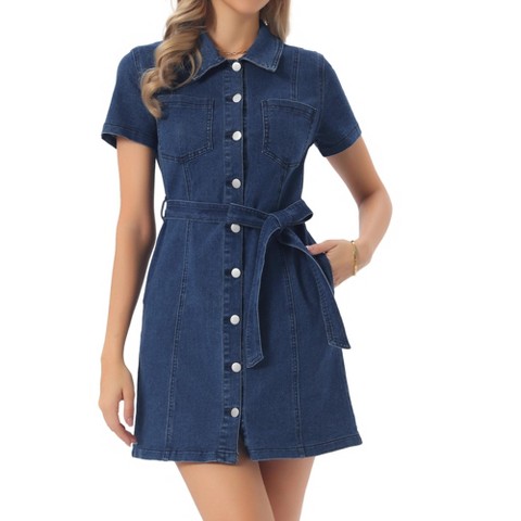 Женские платья INSPIRE CHIC Women Denim Button Down Short Sleeve Belted Casual Jean Shirt Dresses Large Deep Blue