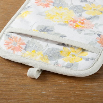 Amber Floral Cotton Oven Mitt and Pot Holder Set with Silicone Grip