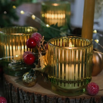 Set of 6 Green Ribbed Glass Votive Candle Holders