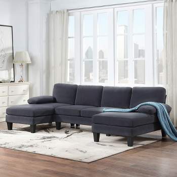 112"W Granular Velvet Sectional Sofa Couch, Upholstered U-shaped Couch with Double Chaise Lounger 4M -ModernLuxe