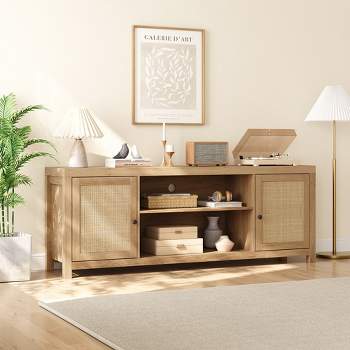 Rattan TV Stand for 65 Inch, Boho Entertainment Center with Storage and Doors, Wood TV & Media Console Under TV Cabinet Furniture for Living Room