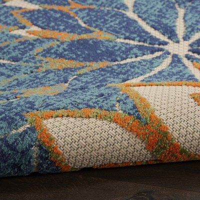 Blue Green Floral Synthetic Indoor Outdoor Rug, 5' x 7'