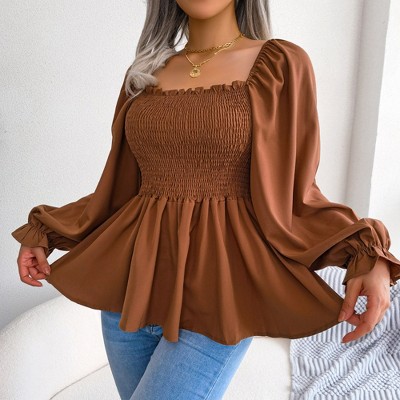 Whizmax Women's Casual Square Neck Shirred Lantern Long Sleeve Frill Trim Flared Hem Blouse Shirt Top