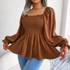 MISSKY Women's Casual Square Neck Shirred Lantern Long Sleeve Frill Trim Flared Hem Blouse Shirt Top - 2 of 4