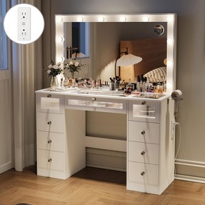 Petrimins 43"W Vanity Desk with Oversize Mirror and Tempered Glass Top, 9 Larger Drawers, 3 Colors LED Lights, Big Vanity Table Set - 1 of 4