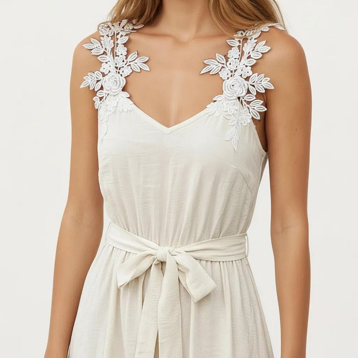 Женские платья Anna-Kaci Women's Sleeveless Maxi Dress with Floral Applique Straps Belted Waist and Front Slit - Small, Light Beige — фото 5