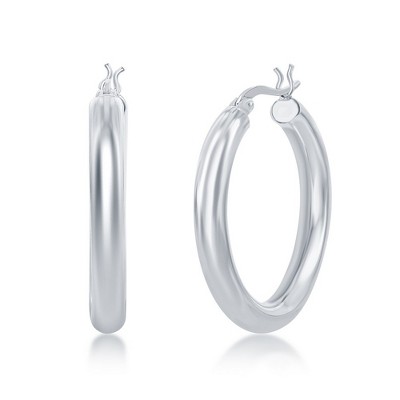 Bella Silver Sterling Silver 4x30mm High-Polished Hoop Earrings - Rhodium Plated - Silver