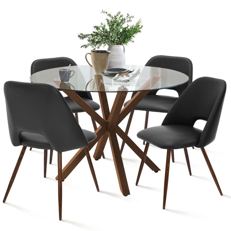 Oliver+Edwin 5-Piece Round Clear Glass Dining Table Set with 4 Faux Leather Chairs Walnut Legs -The Pop Maison, 2 of 9