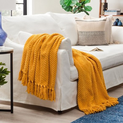 Golden Knitted Faux Fur Throw Blanket with Tassels