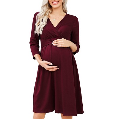 Women's Maternity Dress 3/4 Sleeve V Neck Nursing Dresses Casual A Line Ruffle Party Midi Dress