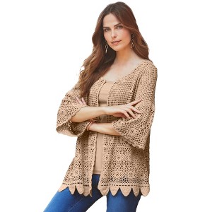 Roaman's Women's Plus Size Scallop Trim Crochet Cardigan - 1 of 4