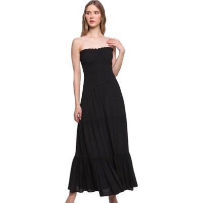 Amaryllis Women's Smocked Strapless Maxi Dress Tiered Skirt Boho-Inspired Flowy Long Dress for Effortless Style and Comfort