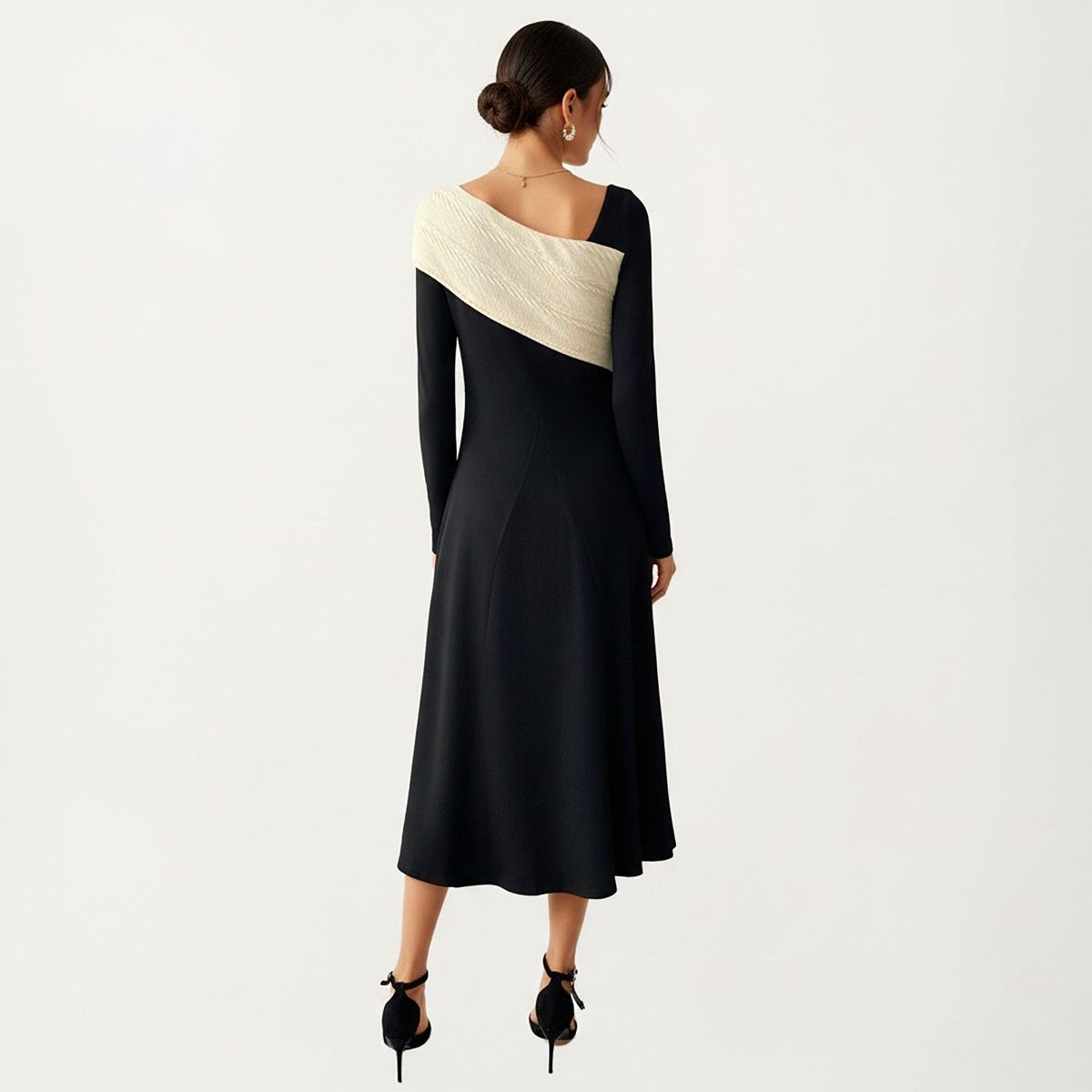 Anna-Kaci Women's Black Midi Dress with Off-Shoulder Knit Detail and Long Sleeves - thumbnail 3