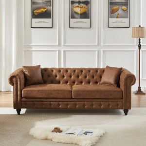 85.5'' Tech Fabric Chesterfield 3-Seater Sofa with Rolled Arms, Button Tufted Design and 2 Cushions - 1 of 4