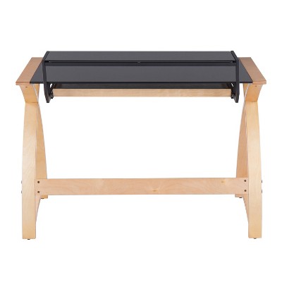 Bentley 43'' Natural Wood and Black Glass Mid-Century Modern Desk with Hutch