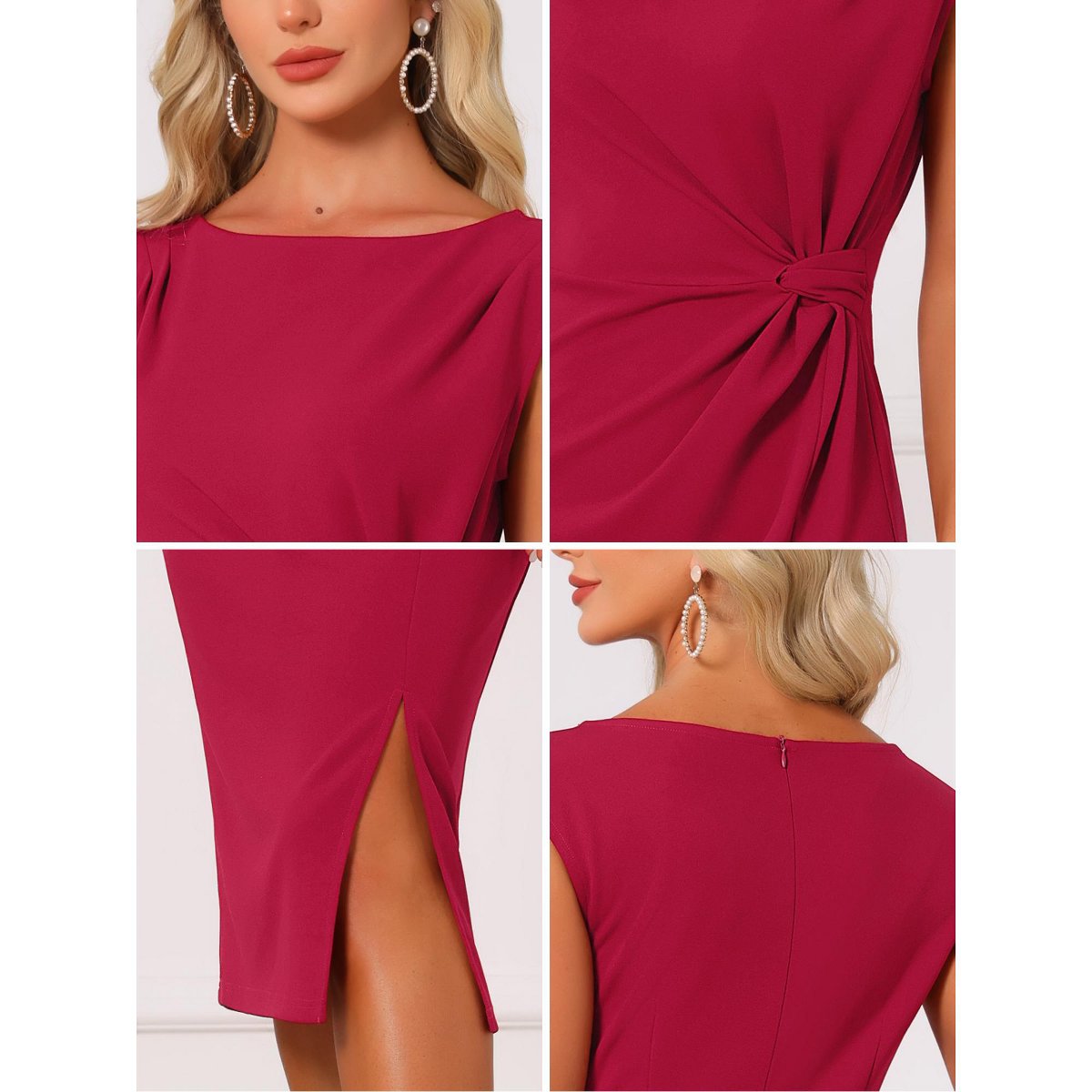 Женские платья INSPIRE CHIC Women's Formal Ruched Boat Neck Cap Sleeve Elegant Work Office Sheath Dress Medium Red — фото 5