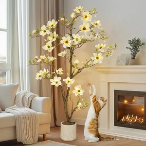 Faux Southern Magnolia Plant Yellow Flowered Magnolia, Artificial Magnolia Tree Inc. Realist Touch Flowers Vivid Leaves White Pot Dry Moss - 1 of 4
