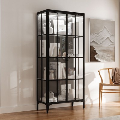 FUFU&GAGA 70.9“H Bookshelf Bookcase Display Curio Cabinet Pantry Tempered Glass Showcase Cabinet for Living Room Metal, Wood & LED