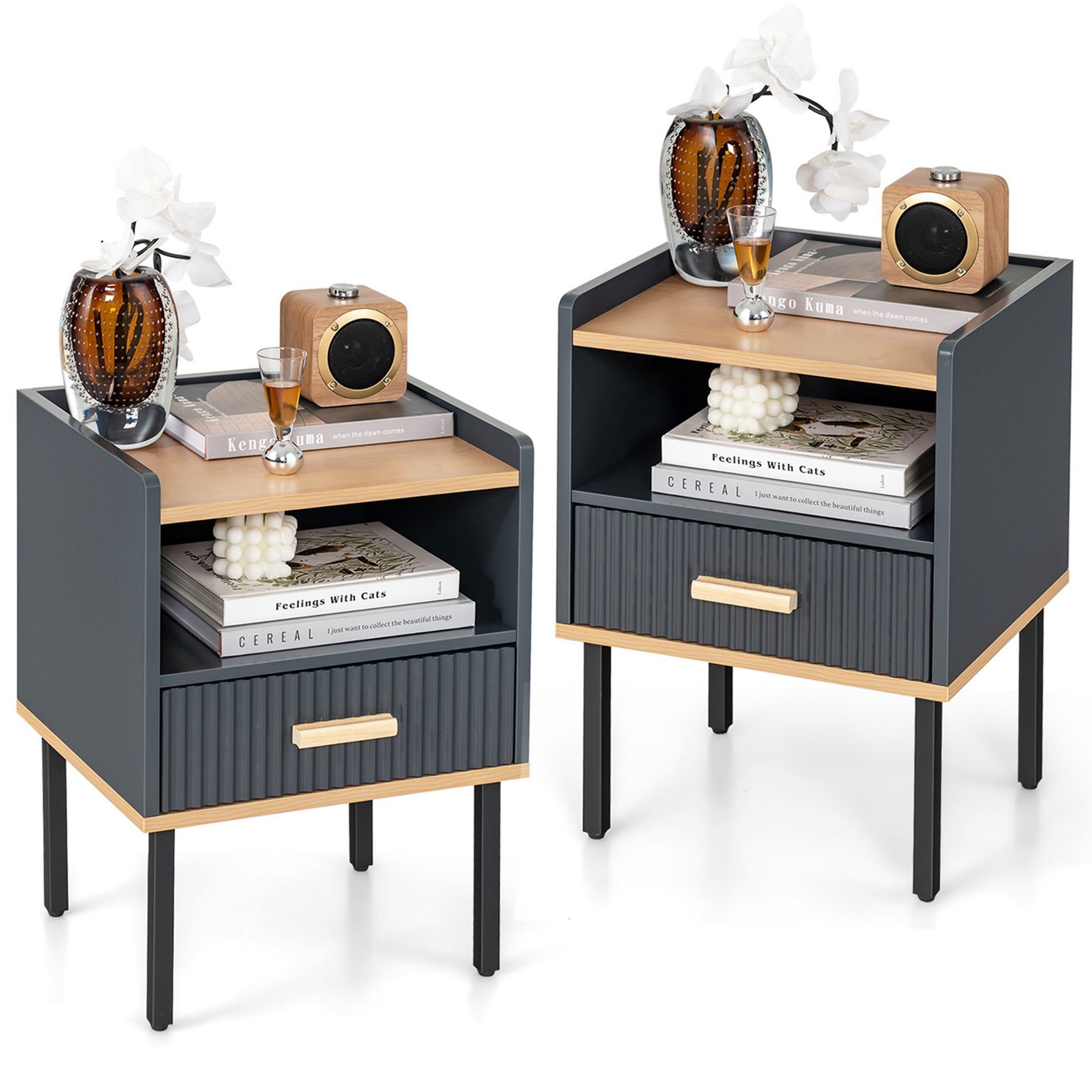 Costway 2 PCS Nightstand Side End Table with Drawer & Open Shelf for Living Room Bedroom