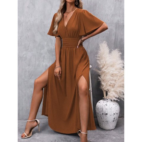 Женские платья Garvee Women's Summer Dress Elegant Side-Slit Evening Dress Classy V-Neck Short Sleeve Cocktail Midi Dress Camel L