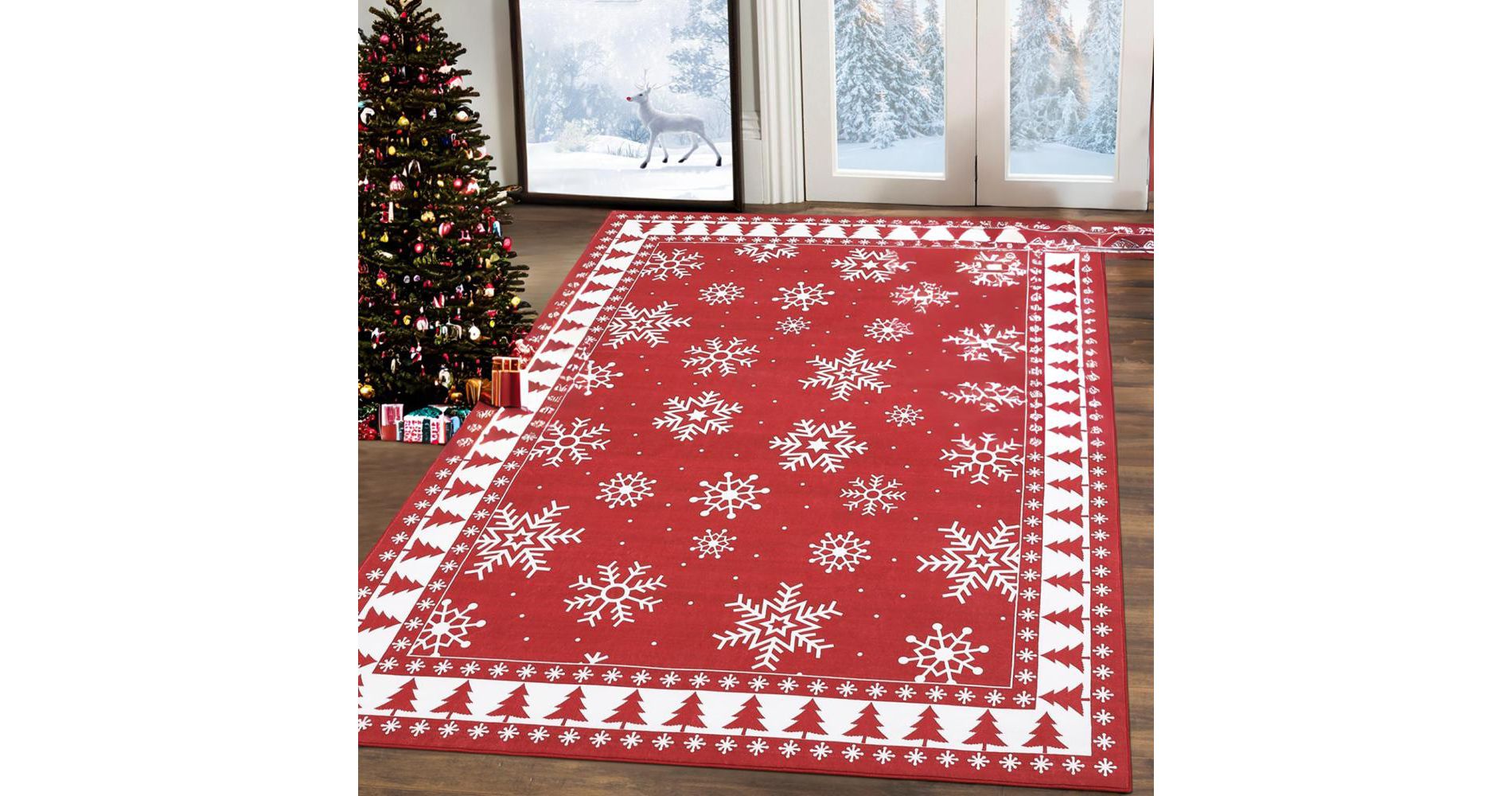 Christmas Area Rug Xmas Tree and Snowflake Accent Rug Holiday Decorative Bordered Rug, 4'x6'