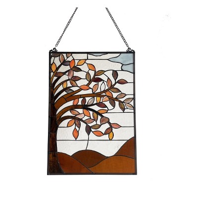 Autumnal Floral Stained Glass Window Panel with Black Finish, 24" Tall
