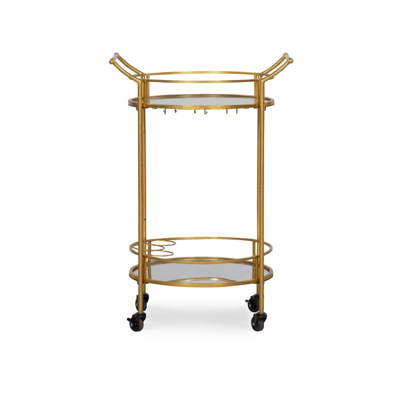 Round Metal Frame 2 Mirrored Glass Shelves 3 Glass and 3 Bottle Holders Locking Wheels Bar Cart Gold - Linon, 4 of 11