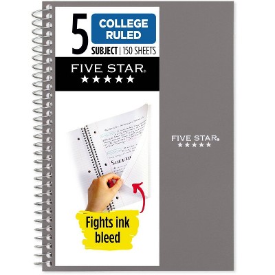 Five Star 150pg 5 Subject College Ruled Notebook 9.5"x6": Spiral, School Supplies, Acid-Free, Water-Resistant, Multicolored