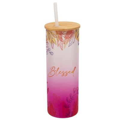 Elanze Designs Blessed Pastel Watercolor Autumn Leaves Wrap-Around Design 25 Ounce Frosted Gradient Glass On-The-Go Coffee Travel Skinny Tumbler Mug