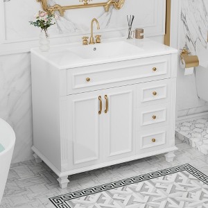 KIGFTSOD 36" Bathroom Vanity with Sink, White Vanity Cabinet with Flip-Out Drawer, 3 Drawers, 2 Soft-Close Doors - 1 of 4
