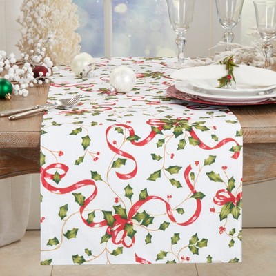 White Holly and Ribbon Christmas Table Runner, 108" Polyester