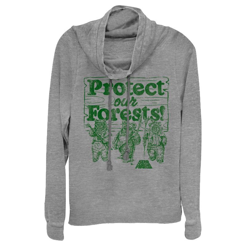 Juniors Womens Star Wars Ewok Protect Our Forests Cowl Neck Sweatshirt, 1 of 4