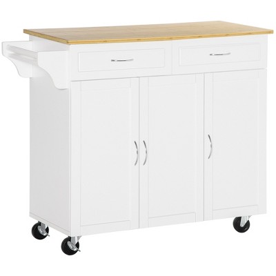 Homcom Rolling Kitchen Island Cart On Wheels With Large Bamboo ...