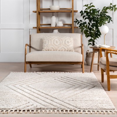 Beige Geometric Shag Tassel 4' x 6' Area Rug