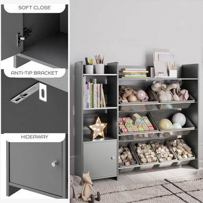 Gray Kids Toy Storage Organizer with Bookshelf and Bins