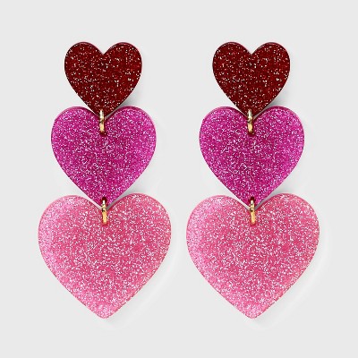 Valentine's Day Triple Glitter Heart Drop Earrings - Pink/Purple/Red