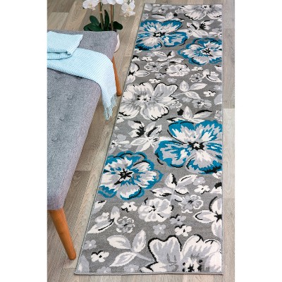 Modern Floral Design Blue and Gray Synthetic Runner Rug
