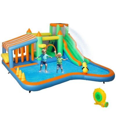 Qaba 8 in 1 Inflatable Bounce House with Water Slide, Splash Pool, 680W Blower, Ball Pit, Water Cannon, Climbing Wall, Toss Ring, Basketball Hoop