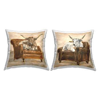 Stupell Industries Country Cattle Long Horns on Chairs Printed Pillow, 2 Pillows, Each 18 x 18