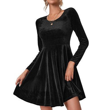 Women's Velvet Dress Long Sleeve Cocktail Christmas Party Club Dresses  Flare Swing Mini Prom Dress for Wedding Guest Black M : Target