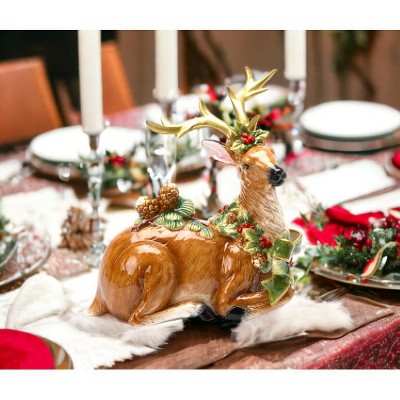 Ceramic Reindeer Figurine with Golden Antlers and Pine Cones