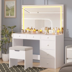 VECELO Vanity Desk Set with LED Lighted Mirror & Power Outlet, Makeup Table with Drawers, Storage Stool & Hair Dryer Stand for Bedroom, White - 1 of 4
