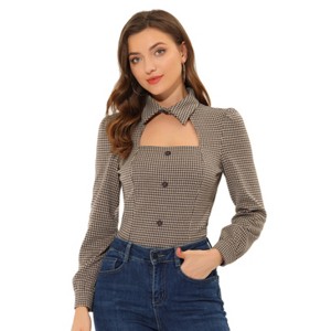 Allegra K Women's Choker Neck Houndstooth Print Long Sleeve Gothic Cutout Top - 1 of 4