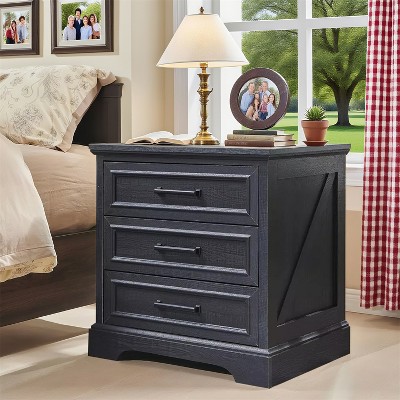 Nightstand with Charging Station, 24" Wide Farmhouse End Table with 3 Drawers & Handles, Night Stand Bedside Table for Bedroom, Living Room
